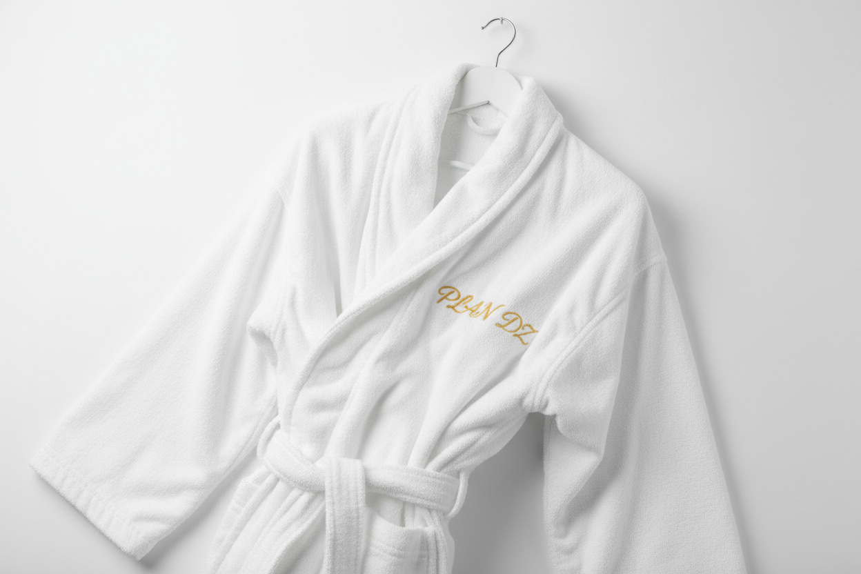bathrobe whait writing plan dz on it 