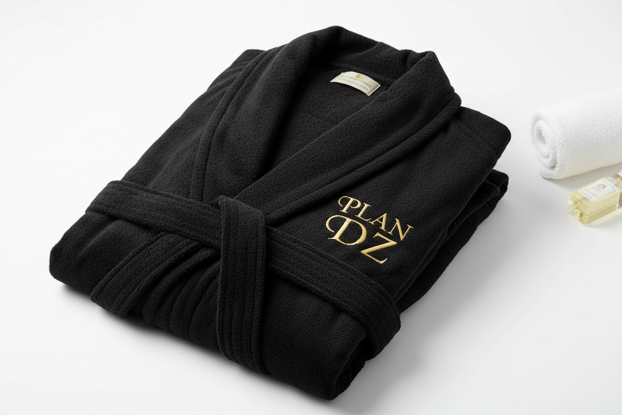 black bathrobe for hotel 5 STAR AND WRIT PLAN DZ ON IT BY GOLD COLOR 